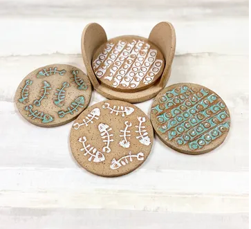 Stoneware Coaster Set with Holder by Bari Moss Ceramics