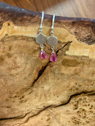 Pink Sapphire and Sterling Silver Hexagon Charm Earrings by Ananda Khalsa Jewelry