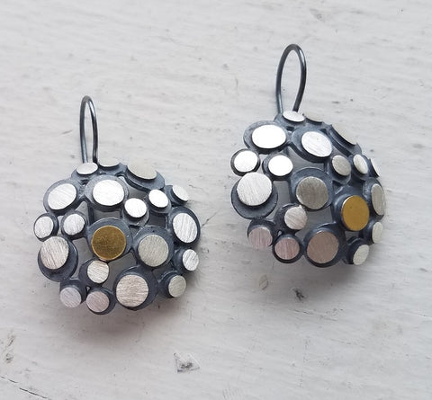 Oxidized, Bright Sterling Silver and 22k Gold Earrings by Heather Guidero