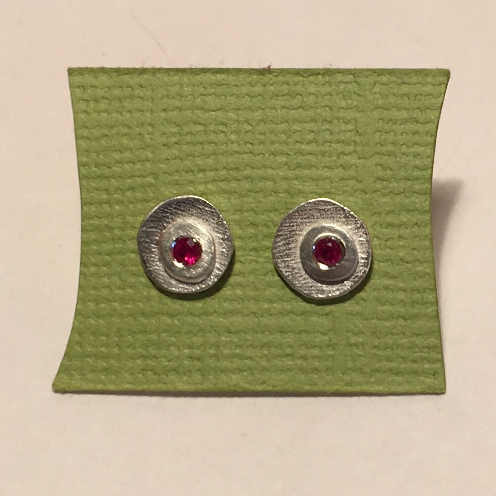 Sterling Silver and Ruby Disco Stud Earrings by Dahlia Kanner
