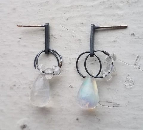 Oxidized Sterling Silver and Rainbow Moonstone Earrings by Heather Guidero