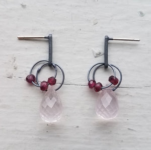 Oxidized Sterling Silver, Rose Quartz and Garnet Earrings by Heather Guidero