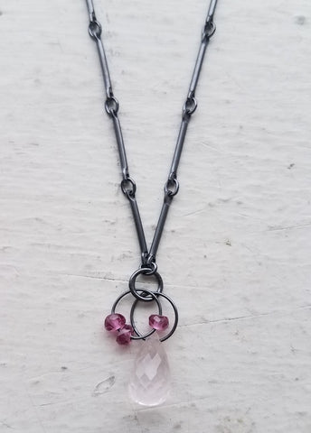 Oxidized Sterling Silver, Rose Quartz and Garnet Necklace by Heather Guidero